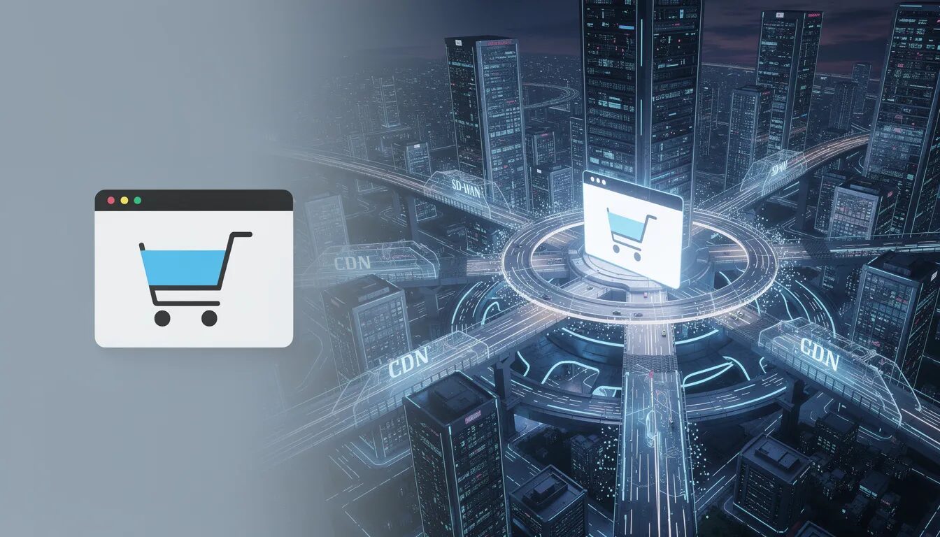 The image features a dynamic split-screen visualization, with the left side displaying a small, simple e-commerce website icon, while the right side showcases an expansive digital cityscape filled with data highways, scalable server stacks, and secure network bridges, symbolizing the digital transformation and operational efficiency achieved through innovative solutions for clients. This representation highlights the importance of advanced services in enabling organizations to manage and enhance their digital growth and success.