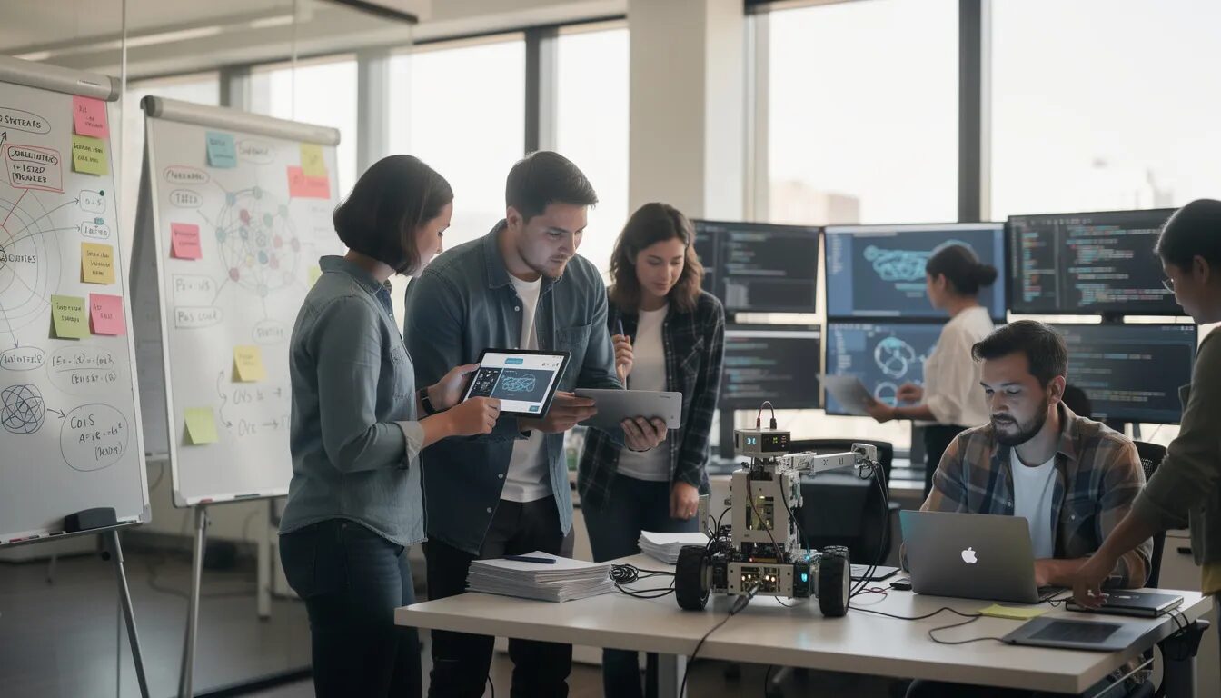 The image depicts an interdisciplinary team collaborating on the design of AI systems, surrounded by whiteboards filled with notes and sketches, as well as prototypes of AI-driven tools. This scene exemplifies a human-centered approach to artificial intelligence, emphasizing the integration of human creativity and user feedback in the design process.
