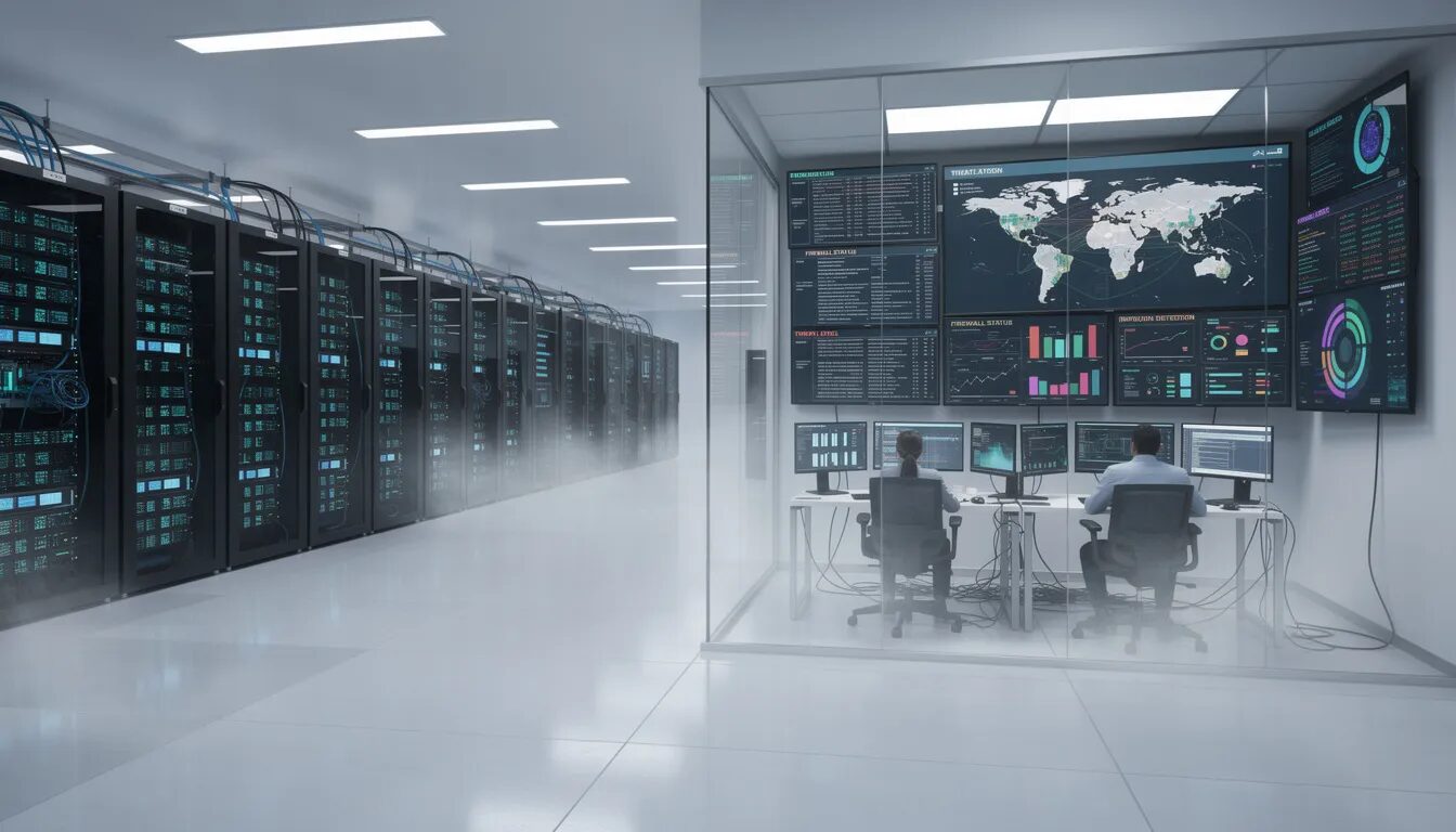 The image showcases a modern data center filled with rows of servers and advanced cybersecurity monitoring systems, emphasizing the importance of robust security measures to protect sensitive data and prevent data breaches. This environment highlights the critical role of digital trust in today's interconnected world, ensuring that businesses can manage customer data securely and maintain reliable digital services.