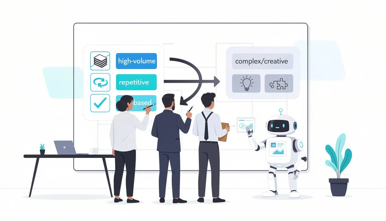An illustration depicts a team analyzing business processes for automation, using a flowchart to identify high-volume, repetitive tasks suitable for robotic process automation. The atmosphere conveys strategic planning and efficiency, as selected tasks are directed towards an automation bot, highlighting the benefits of streamlining operations and improving overall efficiency.