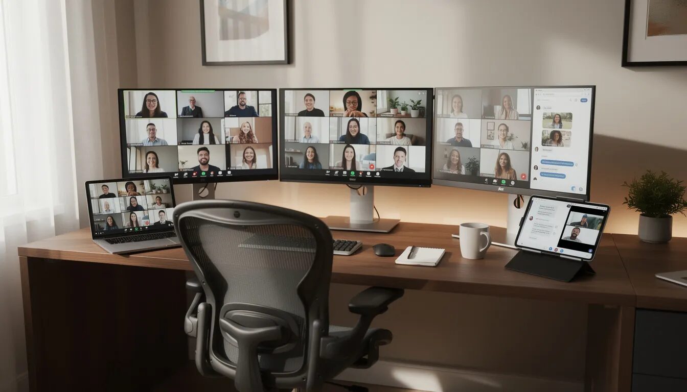 The image depicts a modern home office setup featuring multiple screens displaying video conference calls, illustrating the role of digital communication in fostering human connections. This environment highlights how technology and digital tools facilitate meaningful conversations and interactions, bridging distances in our daily lives.