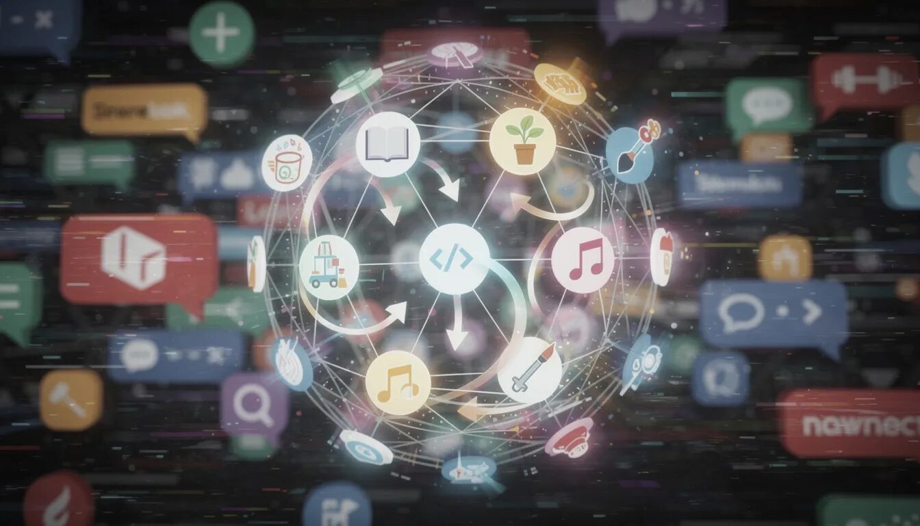 An abstract representation of a thriving online community in 2025 features a glowing network of interconnected nodes, symbolizing community members with unique interests, such as books and tools, amidst a chaotic background of social media icons. Arrows of light illustrate active participation and value exchange, highlighting the importance of community engagement and the creation of a supportive, organized space that fosters trust and meaningful discussions.