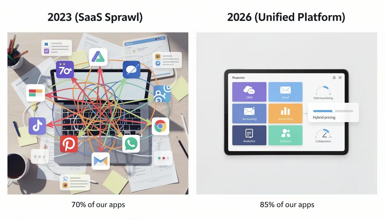 The image illustrates the transformation of a business's software stack from chaos to clarity, showcasing a cluttered desk in 2023 filled with numerous app icons and tangled arrows labeled "70% of our apps," to a streamlined 2026 setup featuring a single unified tablet that integrates all tools, with a clear label stating "85% of our apps." This visual emphasizes the future of SaaS platforms and integrations, highlighting how consolidation enhances operational efficiency and reduces costs.
