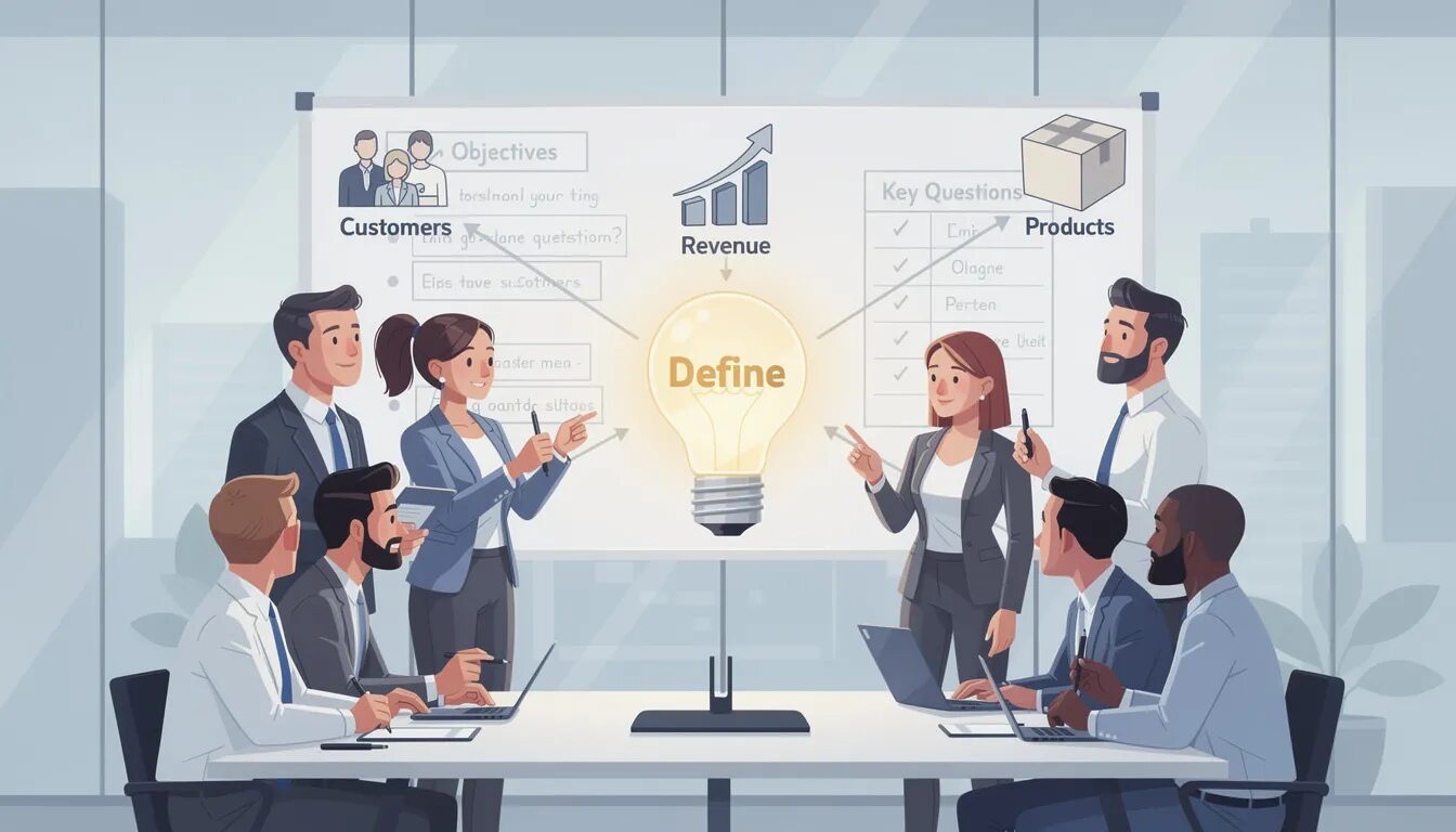 A diverse team of professionals collaborates around a whiteboard, defining clear business objectives and key questions in the first step of data-driven decision making. A large lightbulb labeled "Define" illuminates the scene, with arrows pointing to simplified icons representing customers, revenue, and products, emphasizing the importance of leveraging relevant data for informed business decisions.