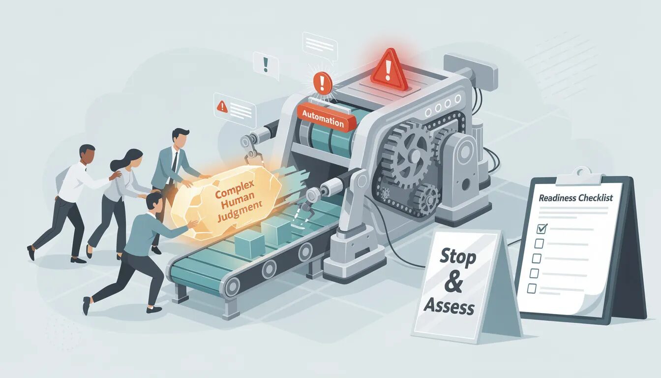 The image depicts a team hastily attempting to automate a task requiring "Complex Human Judgment," resulting in visual error signals and a jam in the automation machine. A cautionary "Stop & Assess" sign next to a checklist emphasizes the importance of analyzing current business processes before implementing automation solutions to improve operational efficiency and reduce errors.