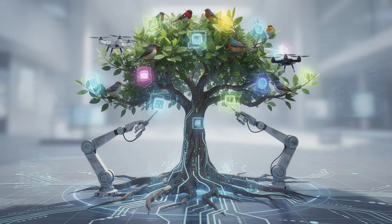 The image depicts a vibrant digital tree symbolizing a technology platform, with automated tools seamlessly grafting innovative technology leaves onto its strong trunk and roots, representing digital transformation. Birds, representing various services, nest comfortably without disruption, illustrating the operational efficiency and reliability of the platform that enables organizations to thrive in a future-proof environment.