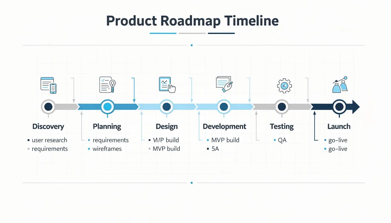 The image depicts a timeline visualization illustrating the development phases of a digital platform, highlighting key milestones, deliverables, and the iterative process involved in creating a successful digital platform strategy. It emphasizes the importance of user feedback, core features, and continuous improvements to enhance user experience and engagement throughout the platform's growth journey.